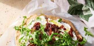ALMOND-MEAL PIZZA with Goat’s Cheese and Caramelised Onions